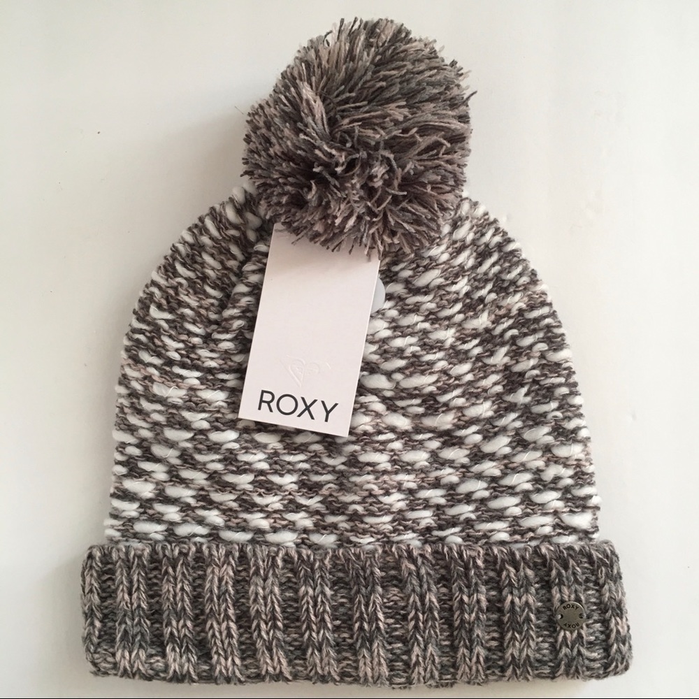 Roxy Knit Beanie Pom Grey White Pink